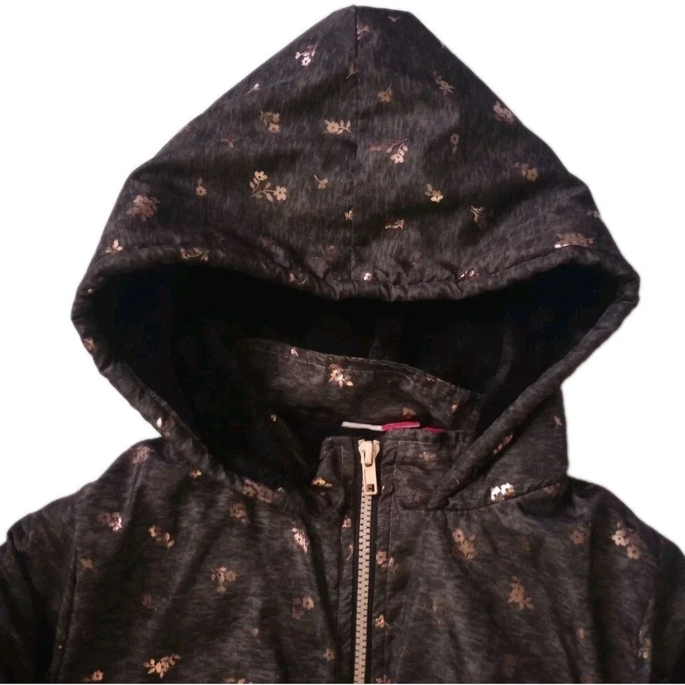 Penelope Mack Black Faux Fur Lined Hooded Coat sz 8 Girls Gold Floral Pattern